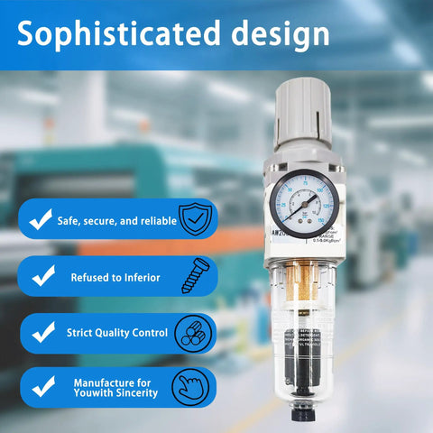 Quarter Inch NPT Compressed Air Filter Regulator Combo Piggyback With Water And Oil Trap Separator, 0-150 PSI Gauge, Auto Drain
