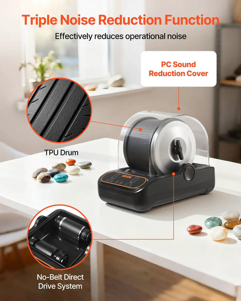 Pro Grade Rock Tumbler Kit 3 Lb Capacity With Four Speeds, TPU Drum, sound reduction cover, for stone polishing, on a table