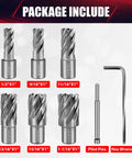 Heavy Duty Annular Cutter Kit With Magnetic Drill Press Bits And Three Quarter Inch Weldon Shank, shows six drill bits and hex wrench.