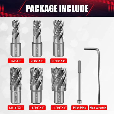 Heavy Duty Annular Cutter Kit With Magnetic Drill Press Bits And Three Quarter Inch Weldon Shank, shows six drill bits and hex wrench.
