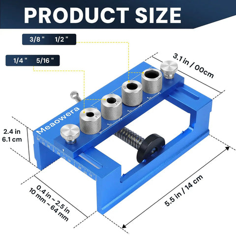 All In One Doweling Jig Kit And Biscuit Jointer Set with size measurements and adjustable guide holes, blue aluminum material.