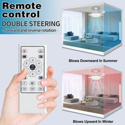 42 Inch Ceiling Fan With Lights And Remote Control Dope Retractable Blades, showing remote control and fan with airflow direction.