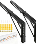 Rock Solid 16 Inch Folding Shelf Brackets Heavy Duty Steel Wall Mounts For Everyday Grind Drop Down Table Garage Kitchen Laundry Storage Solutions Black Two Pack with screws.