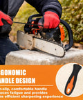 Person using chainsaw with ergonomic handle. Inset shows grip of Three Piece Chainsaw Sharpening File Set With Easy Grip Plastic Handles.