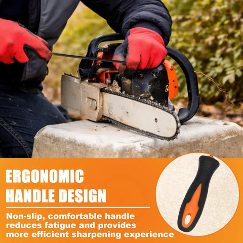 Person using chainsaw with ergonomic handle. Inset shows grip of Three Piece Chainsaw Sharpening File Set With Easy Grip Plastic Handles.