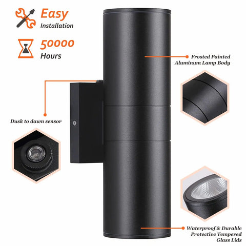 Dusk To Dawn Outdoor Wall Lights 2 Pack With 12W 2700K Integrated LED Cylinder Up Down Sconce IP65 Waterproof Aluminum Exterior Lighting For Porch And Patio Built In Sensor No Fuss Auto On At Night