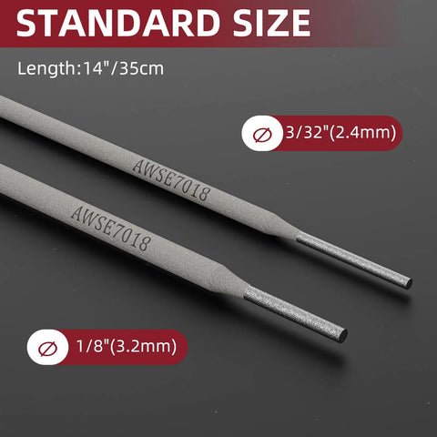 Low Hydrogen E7018 3/32 Inch Welding Rods 5 Pound Pack shown with 14 inch length and size comparison