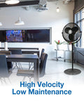 9420 20 Inch Industrial Grade Pedestal Fan in a modern office space, high velocity, low maintenance, workshops and garages cooling