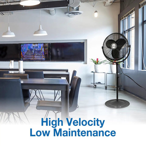 9420 20 Inch Industrial Grade Pedestal Fan in a modern office space, high velocity, low maintenance, workshops and garages cooling