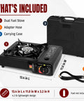 Dual Fuel Camping Stove Run On Butane Or Propane, includes adapter hose and carrying case with dimensions.