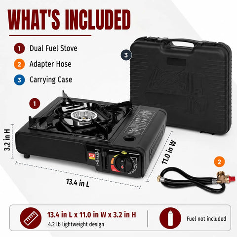 Dual Fuel Camping Stove Run On Butane Or Propane, includes adapter hose and carrying case with dimensions.