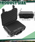 Open black waterproof hard case with DIY customizable foam insert, shown with dimensions, 14.3 x 11.4 x 4.5 inch