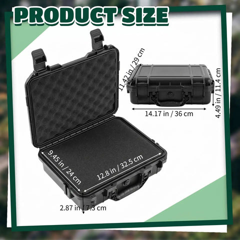 Open black waterproof hard case with DIY customizable foam insert, shown with dimensions, 14.3 x 11.4 x 4.5 inch