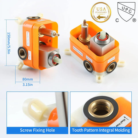 Two Way Shower Diverter Valve Kit With Brushed Nickel Finish Wall Mount Dual Function Shower Mixer One Handle Control Easy Install Replacement Rough In Valves Included in orange casing, size dimensions shown