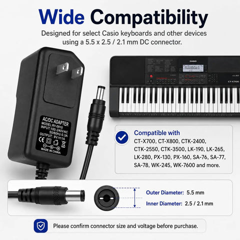 9V 1A DC Power Adapter For Digital Piano Keyboard Series With detailed compatibility list next to Casio keyboard
