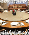 Rotating Wooden Lazy Susan For Dining Table 80Cm Round Serving Tray set with dining essentials, featuring a hand polished wood grain.