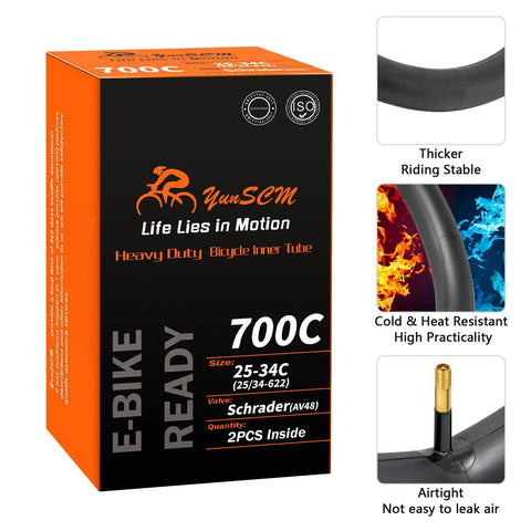 Heavy Duty 700C Bike Inner Tubes 25C 26C 28C 32C 34C With AV48 Schrader Valve, box with details, 2 pack for road and hybrid bikes