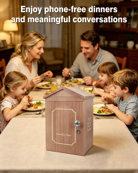 House Shaped Pine Wood Phone Lock Box Stores Six Devices Screen Free Zone For Lowkey Hangouts And Weekend Game Nights on dining table.