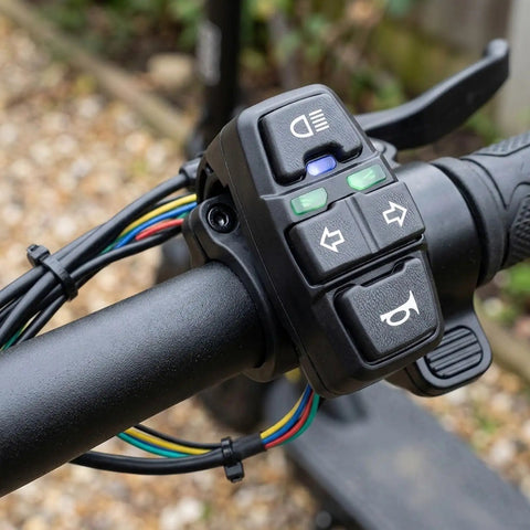 Upgrade Your Ride With This Cool DK336 E-Bike Handlebar Switch That Masters Turn Signals And Front Light Control For Scooters And Trikes. It Rocks Wide Voltage Compatibility At 36V Or 48V To Keep You Rolling Smooth And Safe Without Wiring Chaos. black plastic e-bike handlebar switch with turn signals and headlight buttons, wired for 36V 48V systems