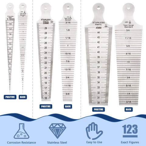 Three Piece Inch And Metric Taper Gauge Set For Welding And Bore Sizing In Stainless Steel With Imperial And Metric Scales