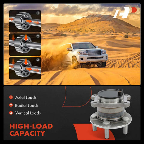 High-load capacity rear wheel bearing and hub assembly for Ford Transit Connect 2019-2023, 5 lug, 4 bolt holes, no ABS sensor.