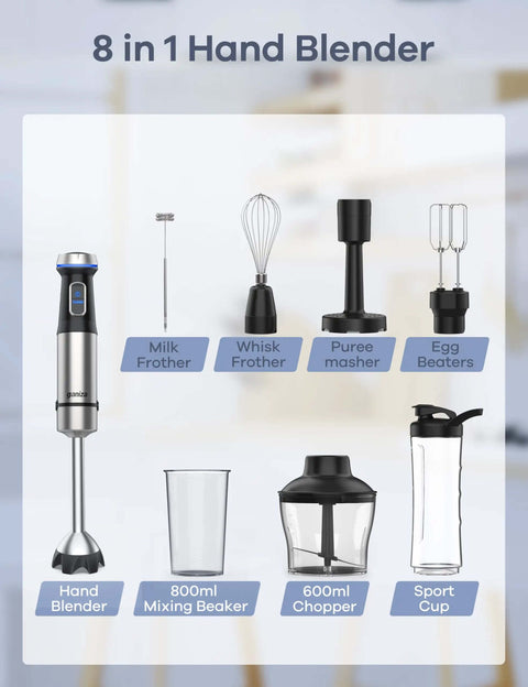 Hella Sick Corded Immersion Blender Pumps Out 1000 Watts Raw Power With 8 Interchangeable Attachments and durable stainless steel blades displayed with accessories.