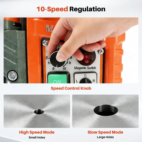 Speed control knob of 1400W Magnetic Drill Press With Six Coring Bits for 2 Inch boring on hard metal surfaces.