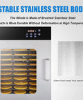 Straight Up Reliable Commercial Food Dehydrator With 12 Slick Trays showing stainless steel body and sliced fruits inside.