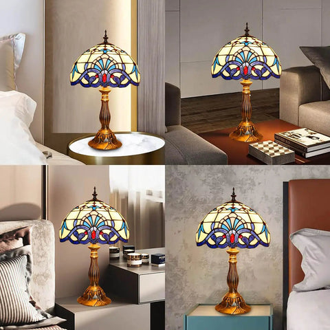 Vintage White Stained Glass Tiffany Style Table Lamp With LED Bulbs Included, 12 Inch Wide Decorative Light, bedroom setting