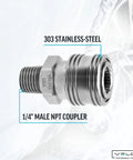 Heavy Duty 303 Stainless Steel Male NPT Quick Coupler 1/4 inch connection for pressure washers and spray guns.