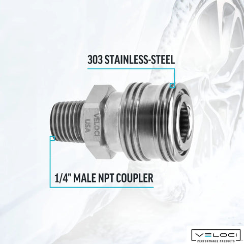 Heavy Duty 303 Stainless Steel Male NPT Quick Coupler 1/4 inch connection for pressure washers and spray guns.