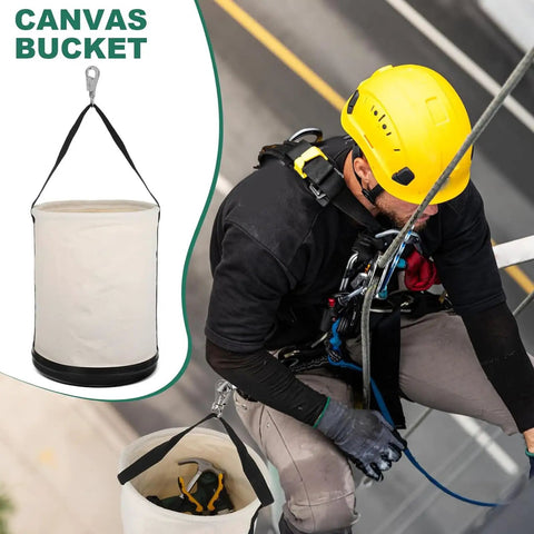 Beefed Up Heavy Duty Canvas Tool Tote Bag With Reinforced Bottom And Multiple Pockets For Contractor Gear Transport Round Canvas Tool Bucket Durable Work Organizer With Adjustable Shoulder Strap And Utility Hooks For Hands Free Mobility. canvas bucket used by rope access worker