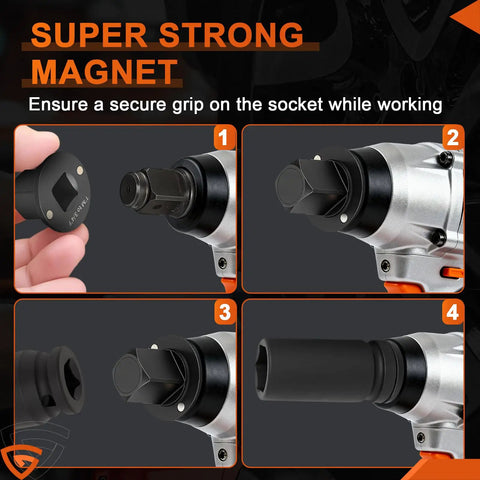 Low Profile Impact Socket Adapter Set for Tight Spaces Four Piece Drive Converter Kit with strong magnet grip demonstration