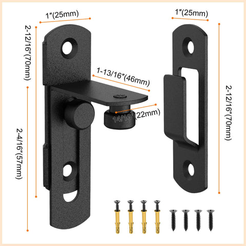 Two Pack 90 Degree Barn Door Lock Latches Matte Black Stainless Steel Security Flip Gate Latches with screws and dimensions