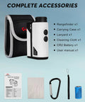 Golf Rangefinder 800 Yards With Slope And Flag Lock Vibration shown with accessories like carrying case and manual