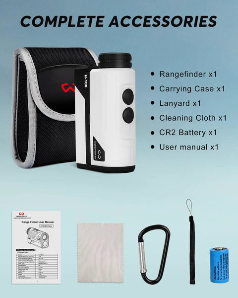 Golf Rangefinder 800 Yards With Slope And Flag Lock Vibration shown with accessories like carrying case and manual