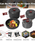 Lightweight Backpacking Camping Cookware Set For Two To Four People with pots, frying pan containing food, and kettle.