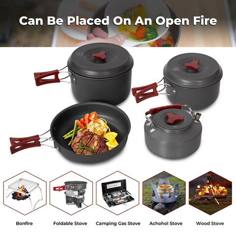 Lightweight Backpacking Camping Cookware Set For Two To Four People with pots, frying pan containing food, and kettle.