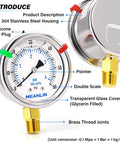 Stainless Steel Liquid Filled Pressure Gauge 0 To 60 Psi 1 Quarter NPT 2 Inch Dial Lower Mount With Hex Bushing close-up view
