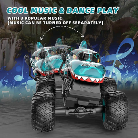Totally Rad Dinosaur RC Monster Truck for Kids Ages 4 To 7, 1:20 Scale Remote Control Car With Lights And Music front view