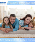 Happy family in living room representing clean air environment by Holdclean