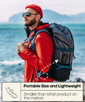 Man hiking with backpack showing 4 Piece Stainless Steel Travel Utensils Set With Case clipped on, ocean background