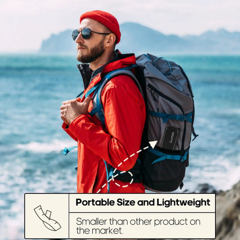 Man hiking with backpack showing 4 Piece Stainless Steel Travel Utensils Set With Case clipped on, ocean background