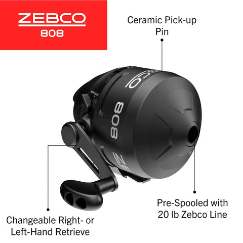 808 Spincast Fishing Reel With Changeable Right Or Left Hand Retrieve Pre Spooled With 20 Pound Line Dial Adjustable Magnum Drag No Tangle Push Button Design Durable Black shown with ceramic pick-up pin.