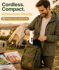 Man placing Handheld Food Vacuum Sealer Cordless Compact Sealer With 30 Reusable Bags into backpack beside vacuum-sealed food bags outdoors.