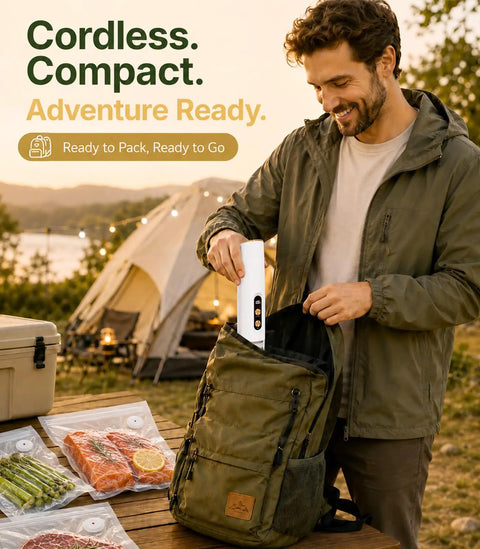 Man placing Handheld Food Vacuum Sealer Cordless Compact Sealer With 30 Reusable Bags into backpack beside vacuum-sealed food bags outdoors.
