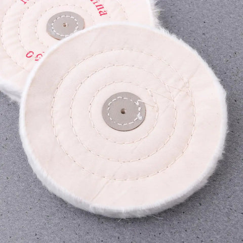 Close-up of 2 Pack White Cloth Polishing Wheels 6 Inch Buffing Discs For Jewelry Metal And Glass Heavy Duty Abrasive Grinding Wheel Set With Low Noise And Rust Removal Workhorse Durability Alumina Construction
