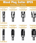 8 piece wood plug cutter set made of carbon steel, various sizes for precise woodworking tasks, part of 35 Piece Woodworking Chamfer Drill Set With Countersink Plug Cutters Step Bits Stop Collars Center Punch And Hex Keys For Knocking Out Dead Straight Holes And Dialing In Slick Joints.
