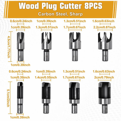 8 piece wood plug cutter set made of carbon steel, various sizes for precise woodworking tasks, part of 35 Piece Woodworking Chamfer Drill Set With Countersink Plug Cutters Step Bits Stop Collars Center Punch And Hex Keys For Knocking Out Dead Straight Holes And Dialing In Slick Joints.