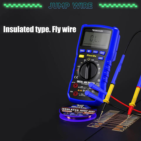 0.01mm Insulated Jump Wire For Motherboard Fingerprint Sensor Repair with digital multimeter and probes on black surface